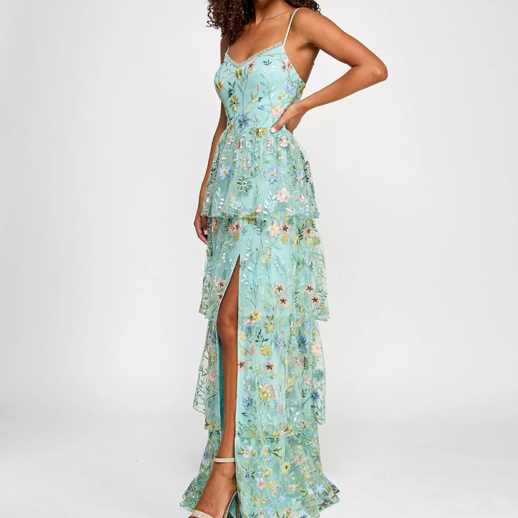 City Studios Women's Mint Green Floral Ruffled Embroidered Tiered Gown Dress