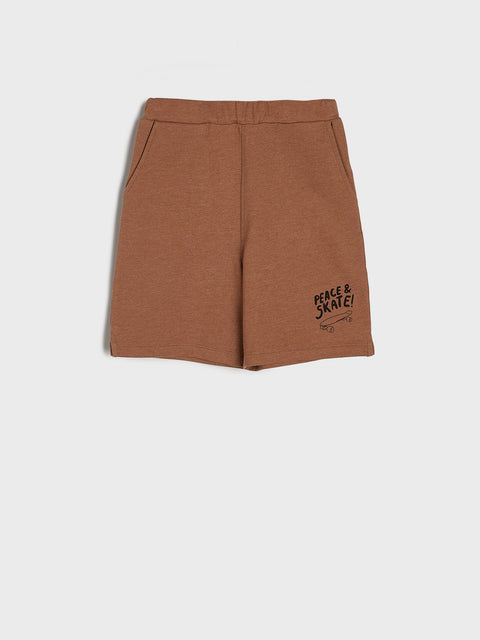 Brown shorts with text on a white background