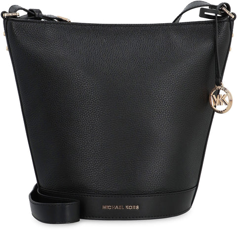 Black leather handbag with a visible brand logo on a white background