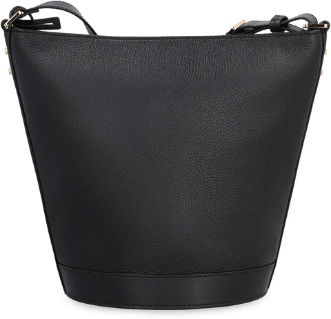 Black leather handbag on a white background