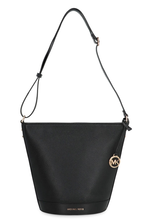 Black handbag with a gold logo on a white background