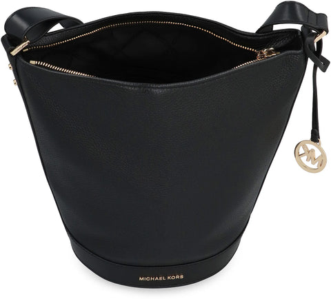 Black leather bucket bag with gold zipper and logo tag on a white background