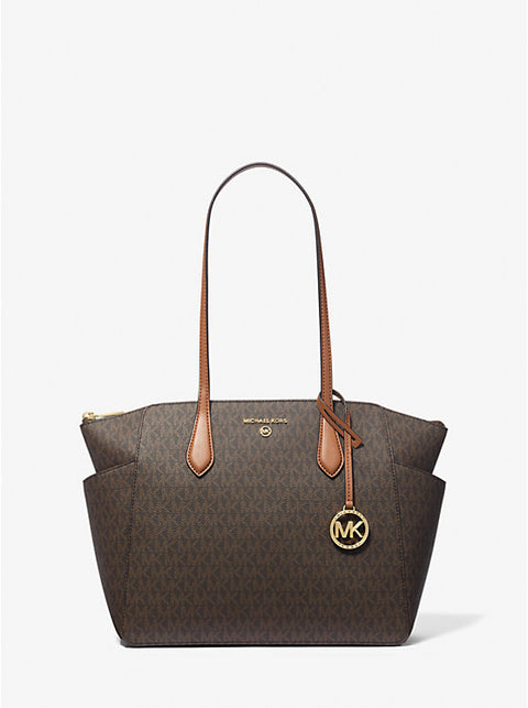 Brown handbag with brown strap and gold logo on a white background