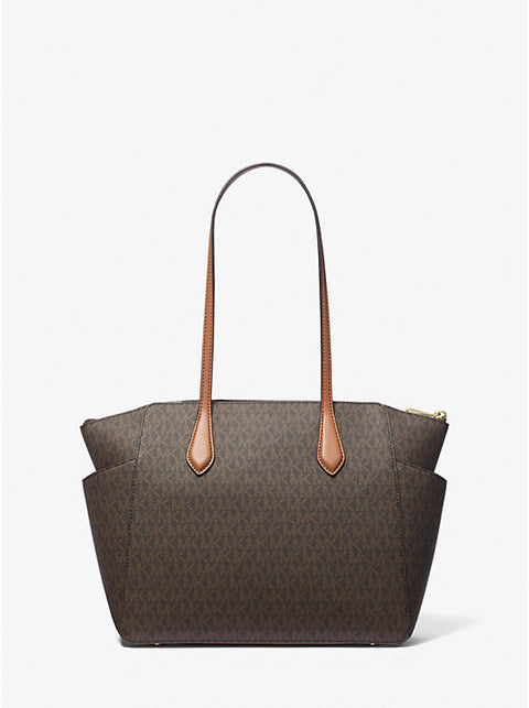 Brown tote bag with brown handles on a white background