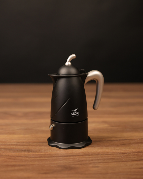 Mori Italy Black Coffee Espresso Maker 6 Cups Aluminium Black Champagne Handle  3052.1CH