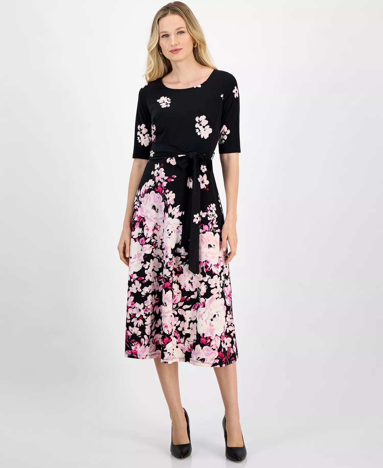 Kasper Women's Multicolor Floral Belted Elbow-Sleeve Fit & Flare Dress | Kasper In Lebanon