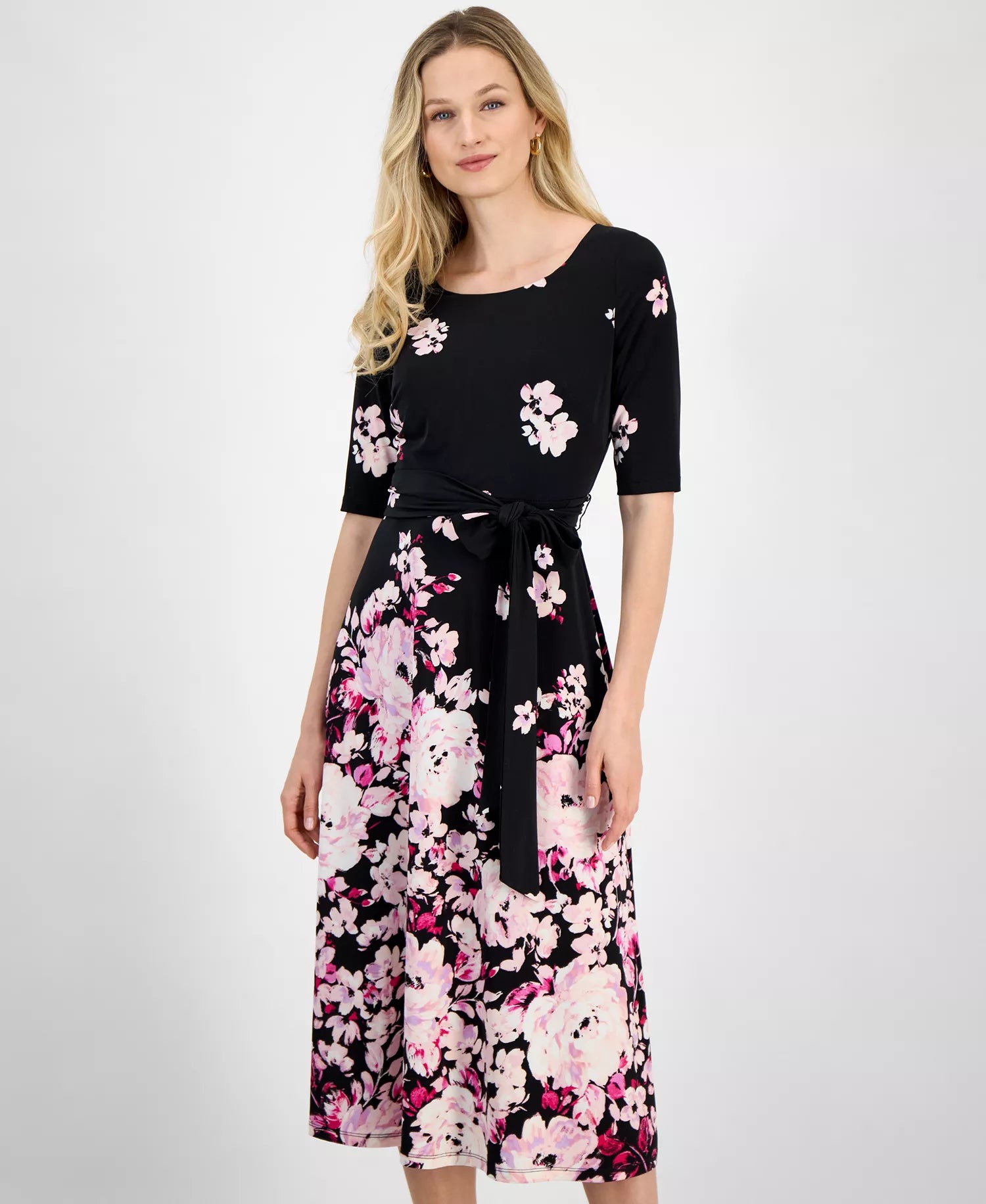 Kasper Women's Multicolor Floral Belted Elbow-Sleeve Fit & Flare Dress | Kasper In Lebanon