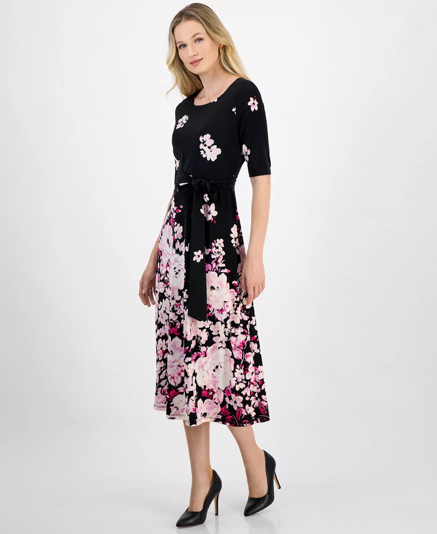 Kasper Women's Multicolor Floral Belted Elbow-Sleeve Fit & Flare Dress | Kasper In Lebanon