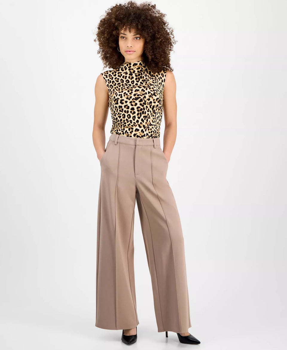 Bar III Women's Beige Petite Seamed Wide-Leg Ponte Trouser | Bar III In Lebanon