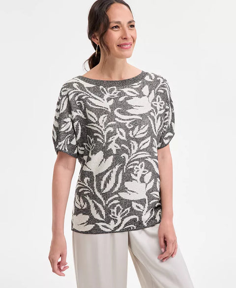 JM Collection Women's Gray & White Petite Puff-Sleeve Jacquard T-Shirt | JM Collection In Lebanon