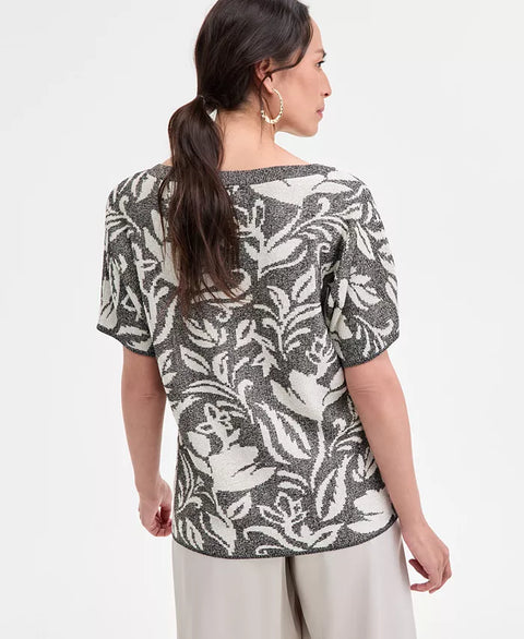 JM Collection Women's Gray & White Petite Puff-Sleeve Jacquard T-Shirt | JM Collection In Lebanon