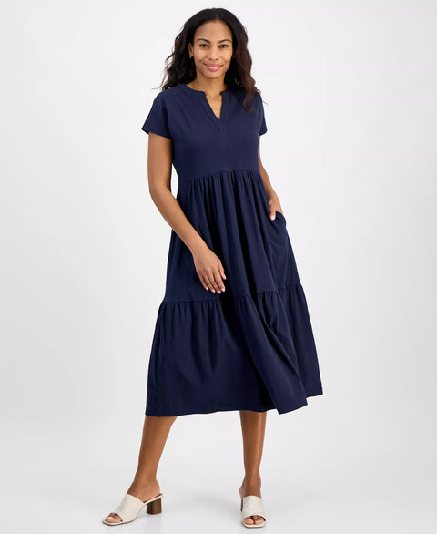 Nautica Jeans Women's Navy Tiered Cotton Midi Dress |Nautica In Lebanon