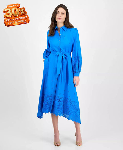 Julia Jordan Women's Blue Long-Sleeve Cotton Eyelet Dress | Julia Jordan In Lebanon