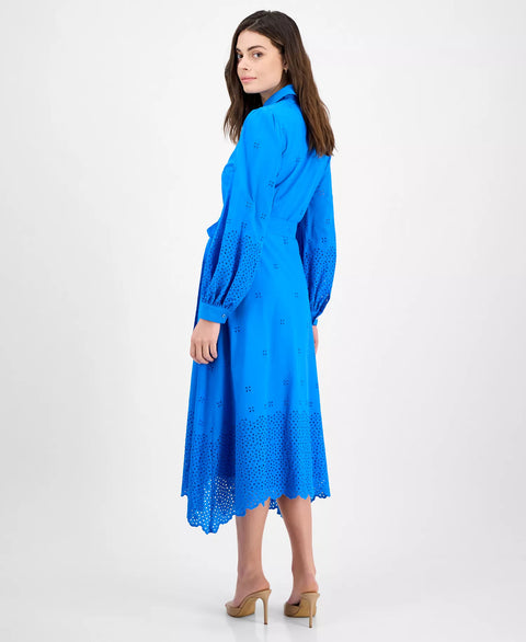 Julia Jordan Women's Blue Long-Sleeve Cotton Eyelet Dress | Julia Jordan In Lebanon