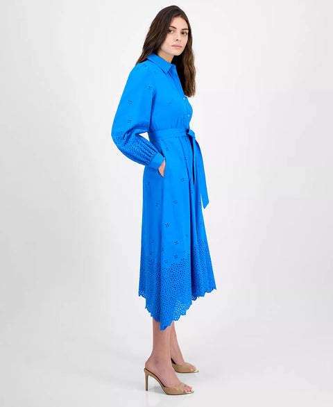Julia Jordan Women's Blue Long-Sleeve Cotton Eyelet Dress | Julia Jordan In Lebanon
