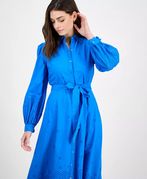 Julia Jordan Women's Blue Long-Sleeve Cotton Eyelet Dress | Julia Jordan In Lebanon