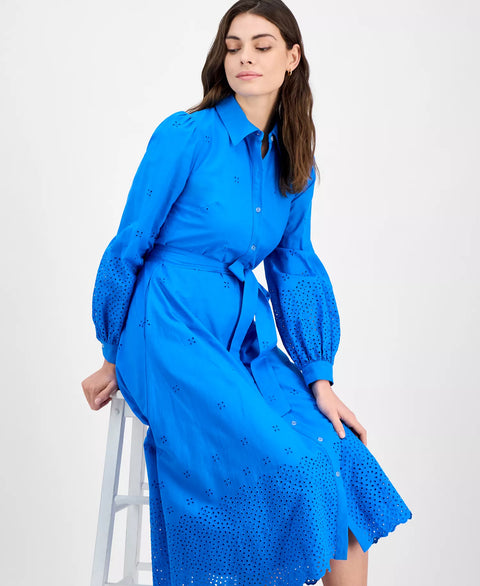 Julia Jordan Women's Blue Long-Sleeve Cotton Eyelet Dress | Julia Jordan In Lebanon