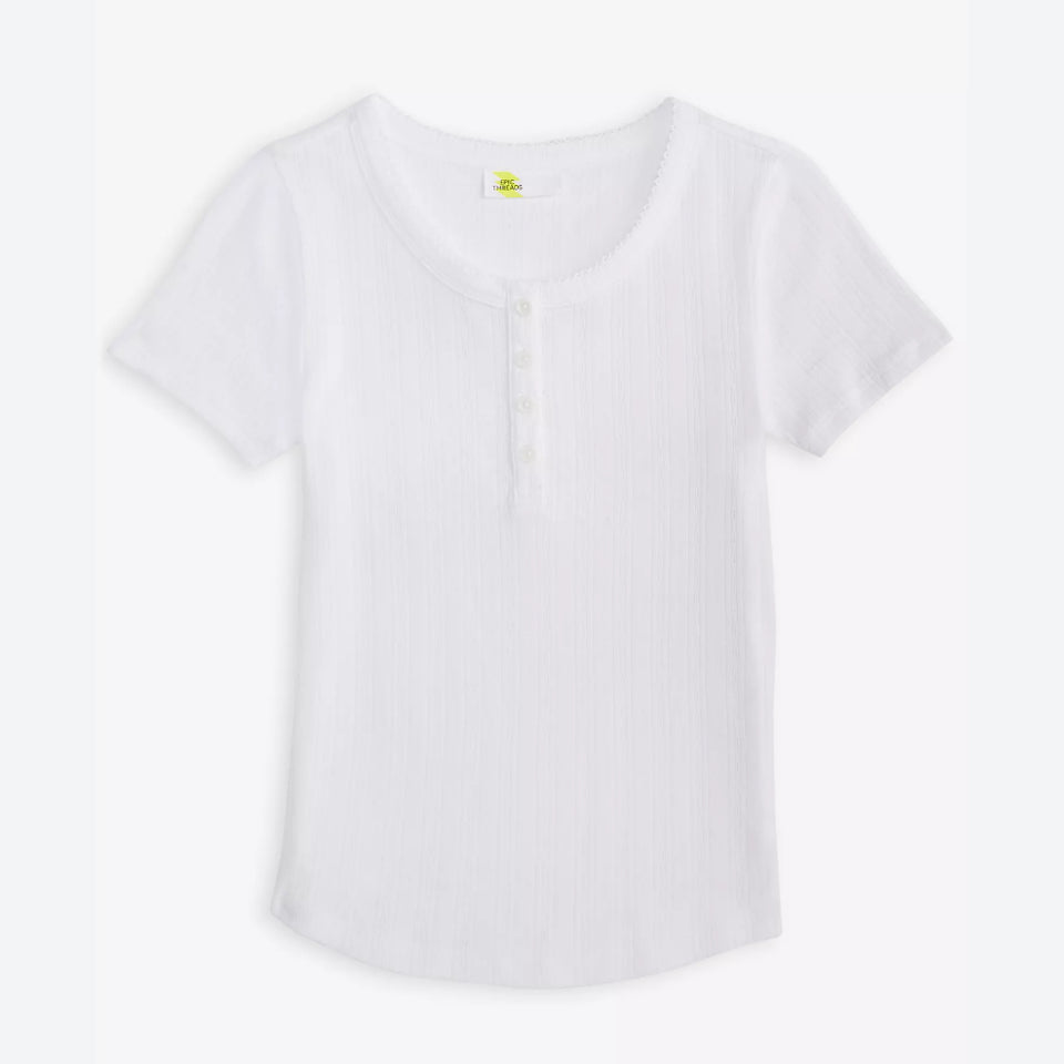 Epic Threads Girl's White Solid Pointelle Henley T-Shirt