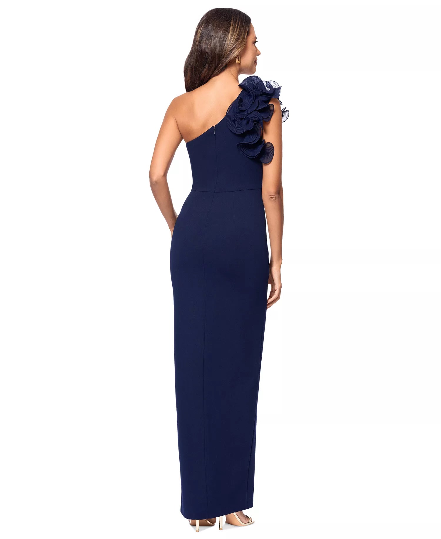 Xscape Women’s Navy One-Shoulder Ruffle Evening Gown Dress | Xscape in Lebanon