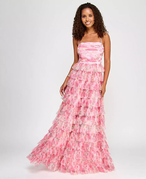 B Darlin Women's Pink Floral Plus Size Ruffle-Tiered Straight-Neck Gown Dress |B Darlin In Lebanon