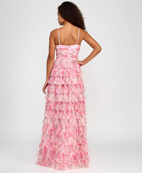 B Darlin Women's Pink Floral Plus Size Ruffle-Tiered Straight-Neck Gown Dress |B Darlin In Lebanon
