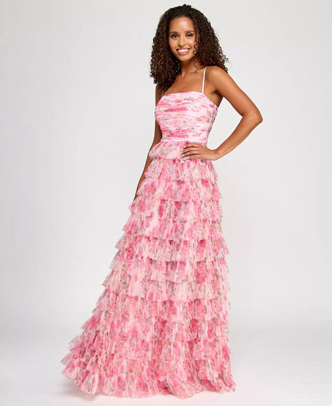 B Darlin Women's Pink Floral Plus Size Ruffle-Tiered Straight-Neck Gown Dress |B Darlin In Lebanon
