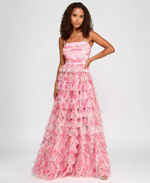 B Darlin Women's Pink Floral Plus Size Ruffle-Tiered Straight-Neck Gown Dress |B Darlin In Lebanon