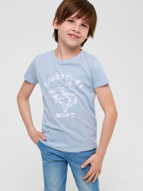 A boy wearing a blue t-shirt with a graphic print and short jeans.