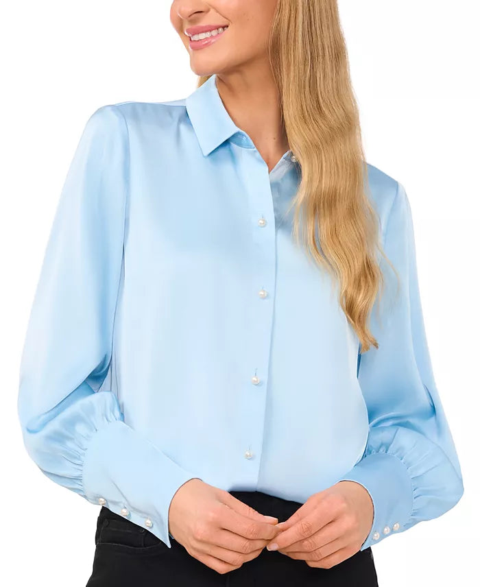 CeCe Women's Blue Luxe Satin Imitation Pearl Button Down Shirt|CeCe In Lebanon