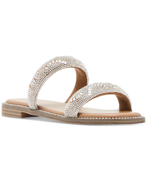 Steve Madden Girl Women's Silver Partly Rhinestone Two-Band Slide Sandals | Madden Girl In Lebanon