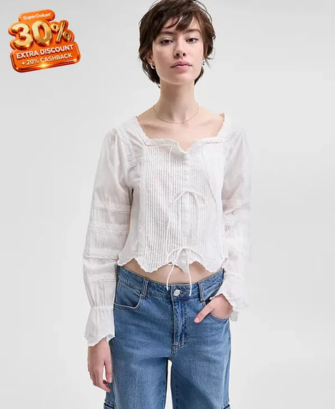 And Now This Women's White Cotton Cropped Lace-Trim Blouse | And Now This In Lebanon