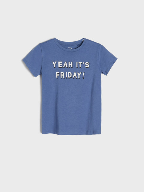 Blue t-shirt with 'Yeah It's Friday!' text on a light gray background