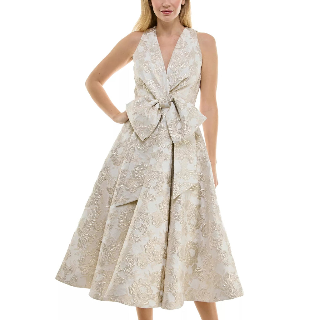 Taylor Women's Cream Metallic Jacquard Sleeveless Fit & Flare Dress