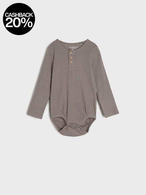Gray ribbed baby bodysuit on a white background