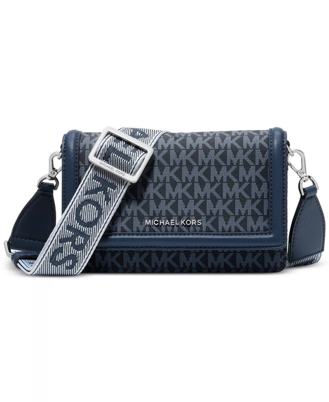 Blue crossbody bag with silver strap and visible brand logo on a white background