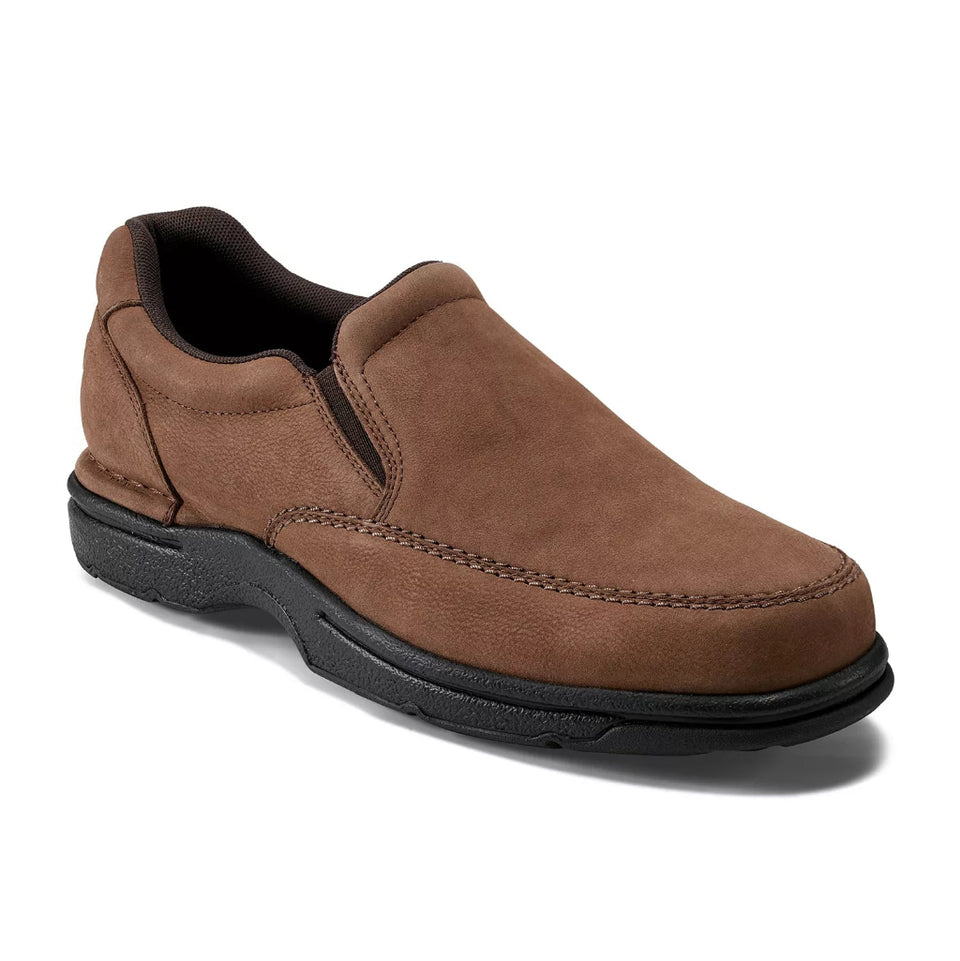 Brown slip-on shoe with black sole on a white background