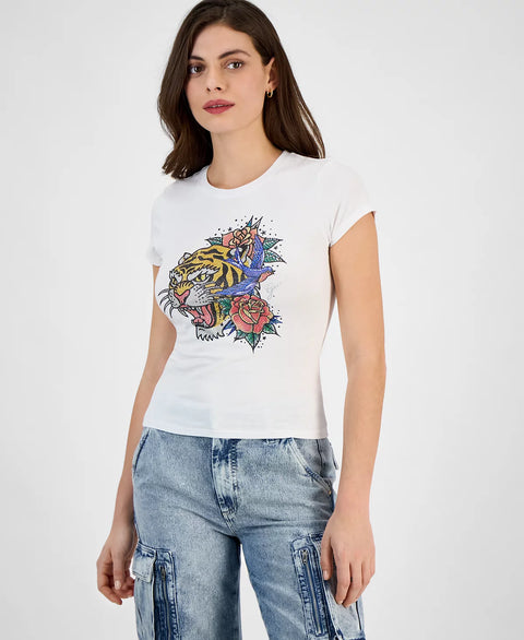 GUESS Women's White Embellished-Tiger Short-Sleeve Crewneck T-Shirt | GUESS In Lebanon