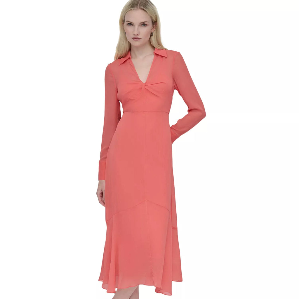 DKNY Women's Coral V-Neck Long-Sleeve Chiffon Dress