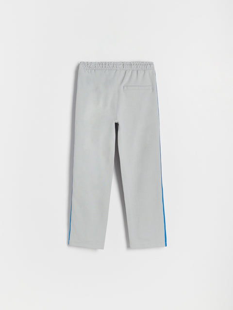 Gray pants with a blue stripe on a white background