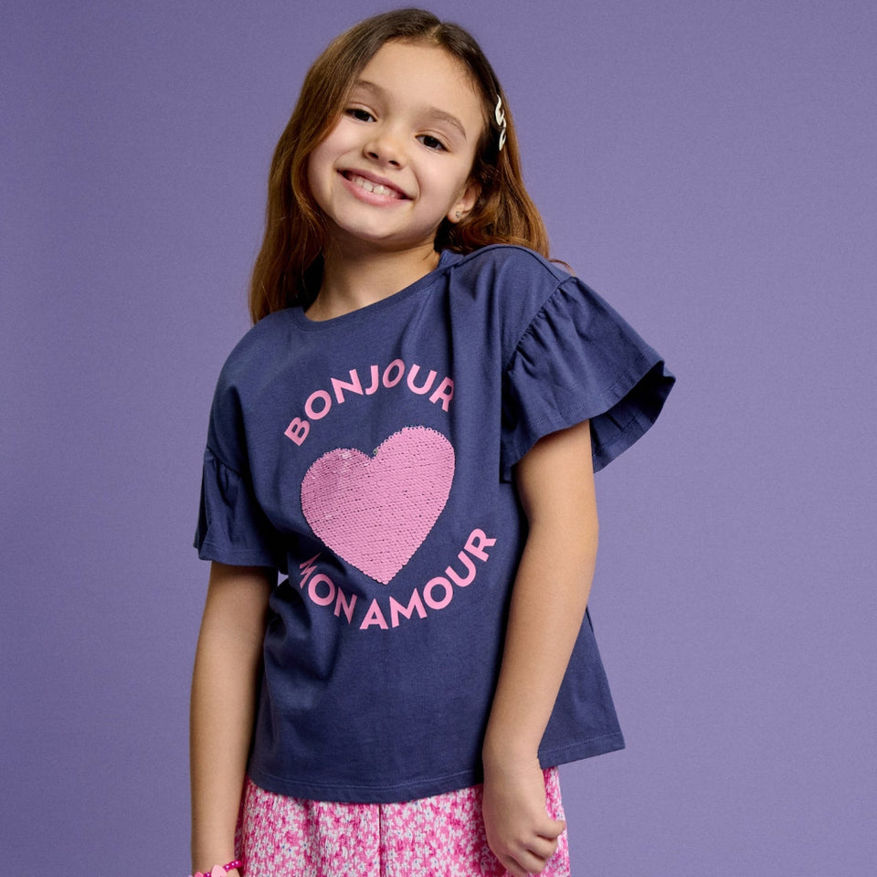 Sinsay Girl's Navy Short Sleeve Ruffled Printed T-Shirt