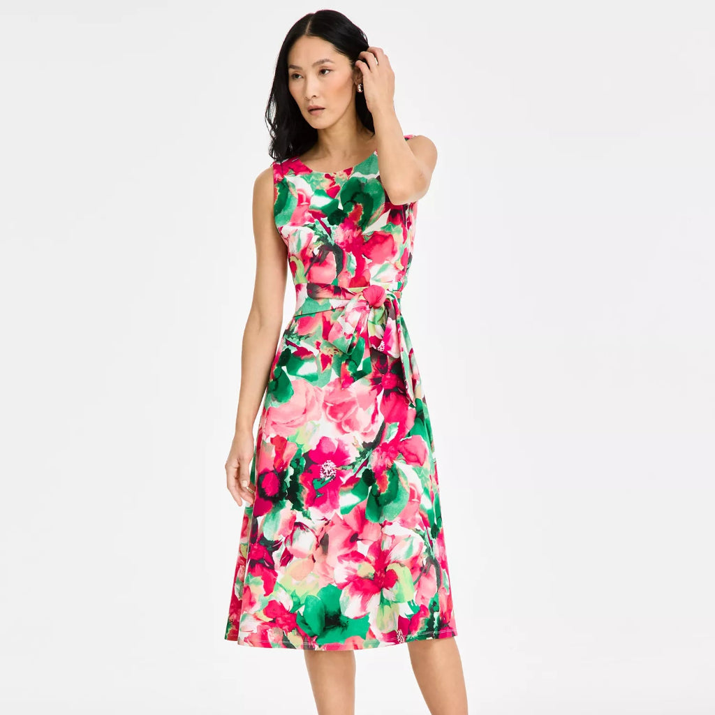 Kasper Women's Multicolor Floral Printed Scuba Tie-Waist Dress