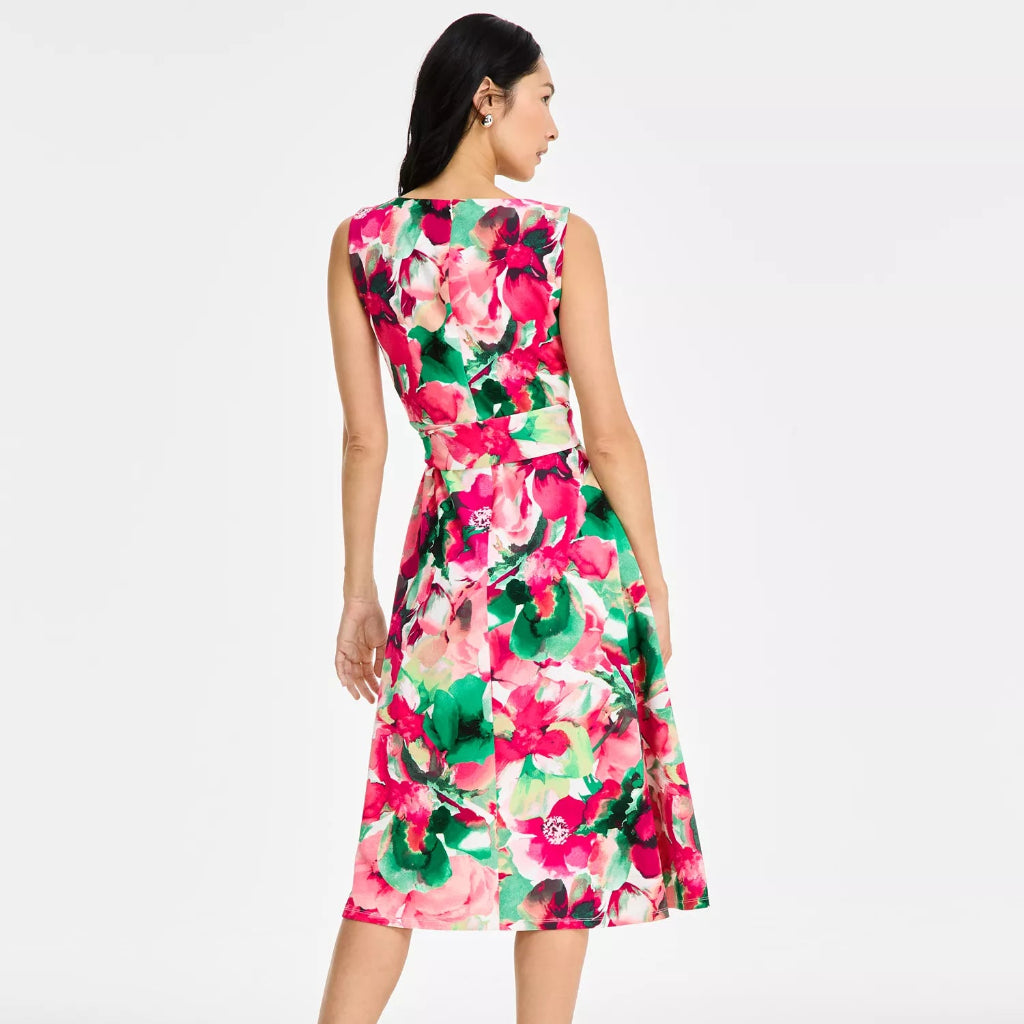 Kasper Women's Multicolor Floral Printed Scuba Tie-Waist Dress