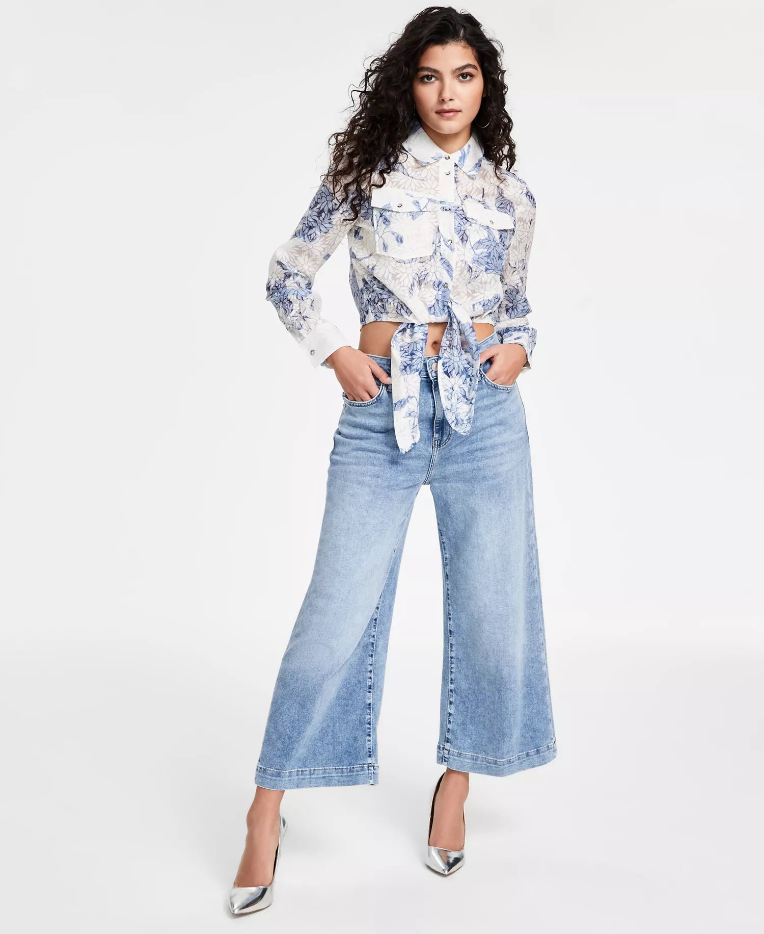 Guess Women's White & Blue Eco Long Sleeve Adelaide Bow Shirt|Guess In Lebanon