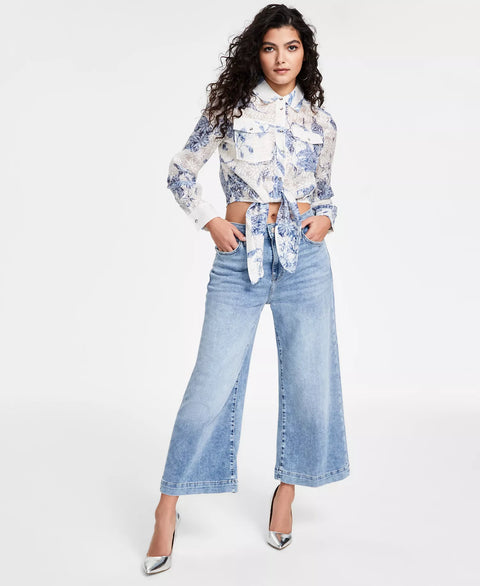 Guess Women's White & Blue Eco Long Sleeve Adelaide Bow Shirt|Guess In Lebanon