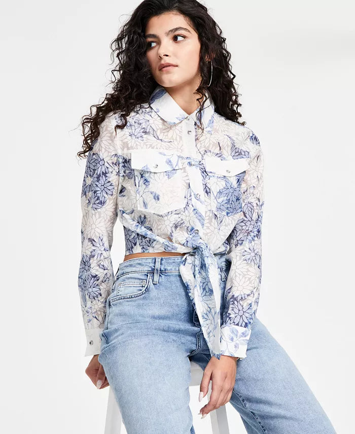 Guess Women's White & Blue Eco Long Sleeve Adelaide Bow Shirt|Guess In Lebanon