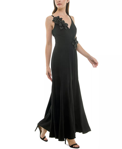 Taylor Women's Black  Embellished Flower V-Neck Sleeveless Gown Dress|  Taylor in Lebanon