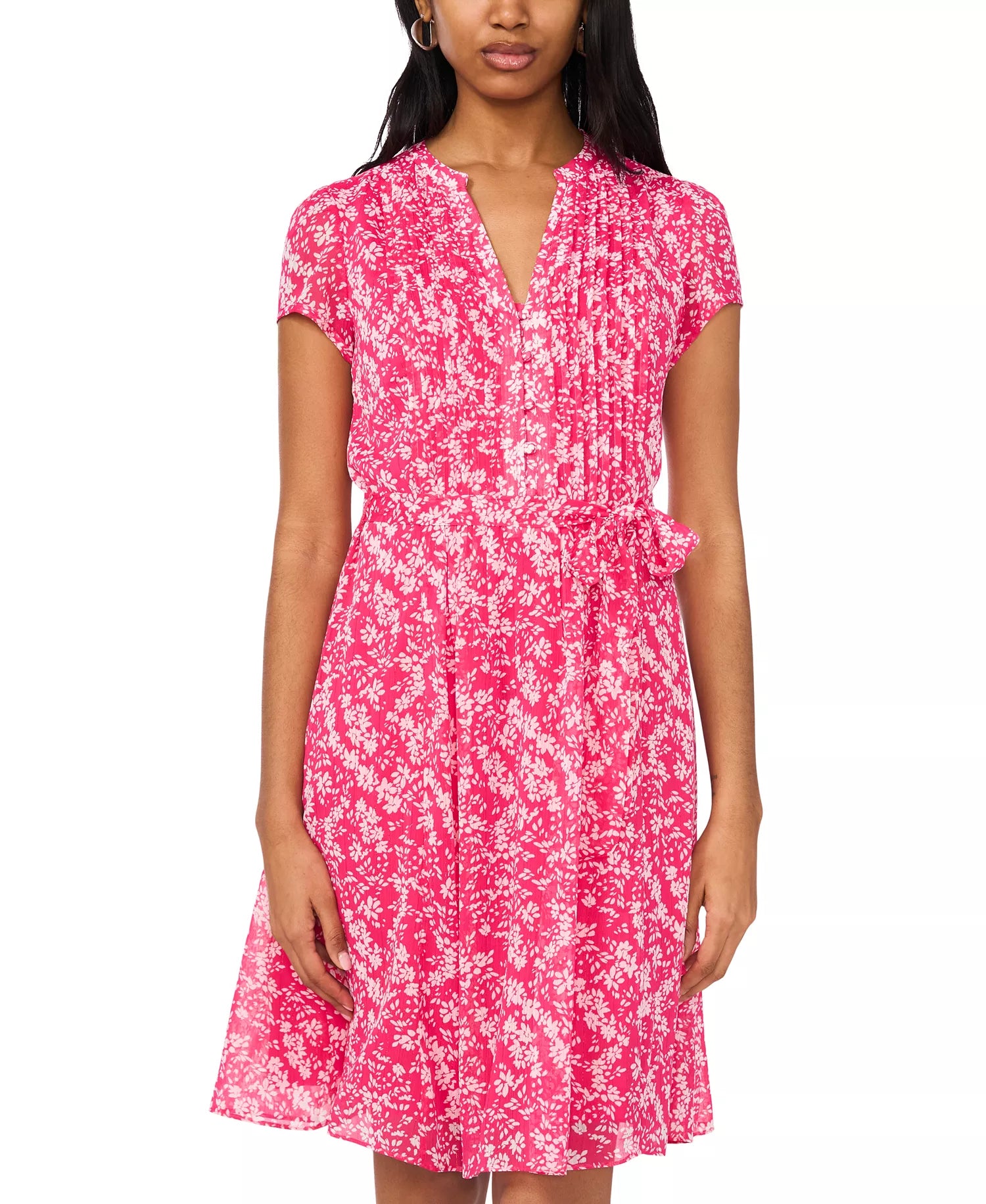 MSK Women's Fuchsia & White Floral Split-Neck Pintuck-Front Belted Dress