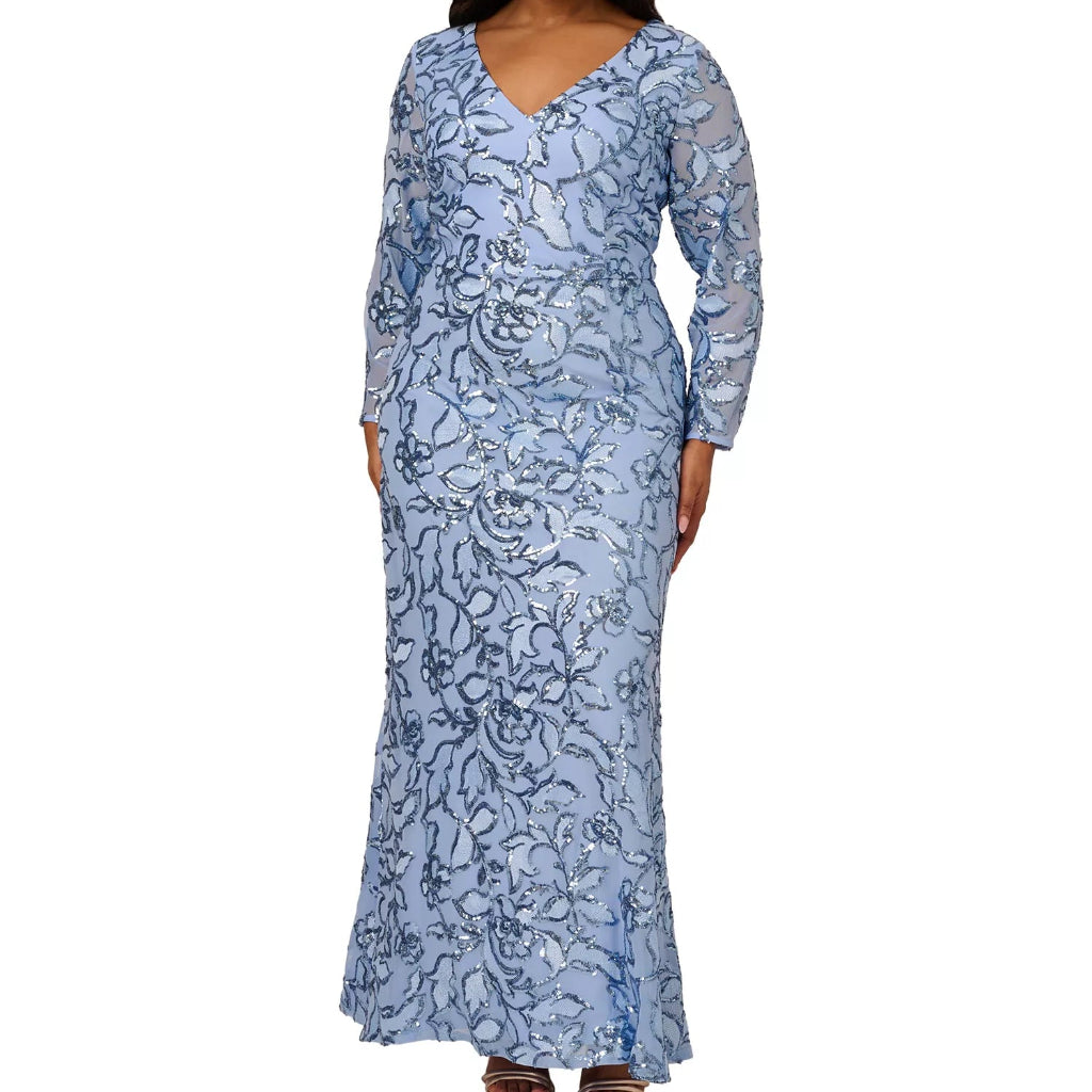 Papell Studio Women's Blue Plus Size Sequin Stretch Mermaid Gown Dress