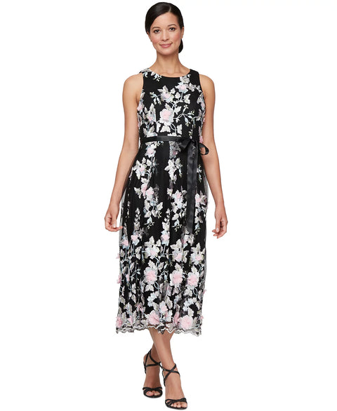 Alex Evenings Women's Black Embroidered-Chiffon Satin-Belt Dress | Alex Evenings In Lebanon