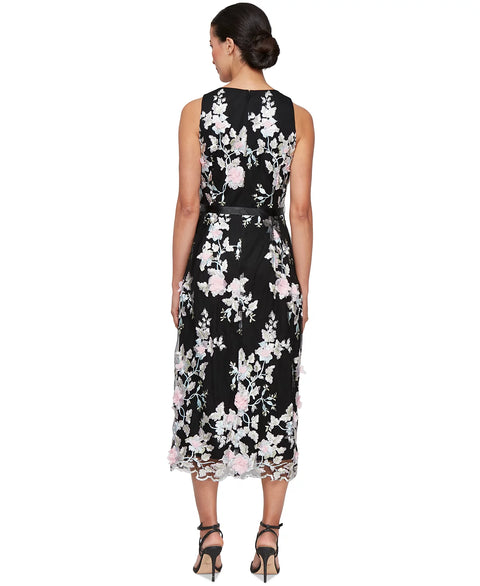 Alex Evenings Women's Black Embroidered-Chiffon Satin-Belt Dress | Alex Evenings In Lebanon